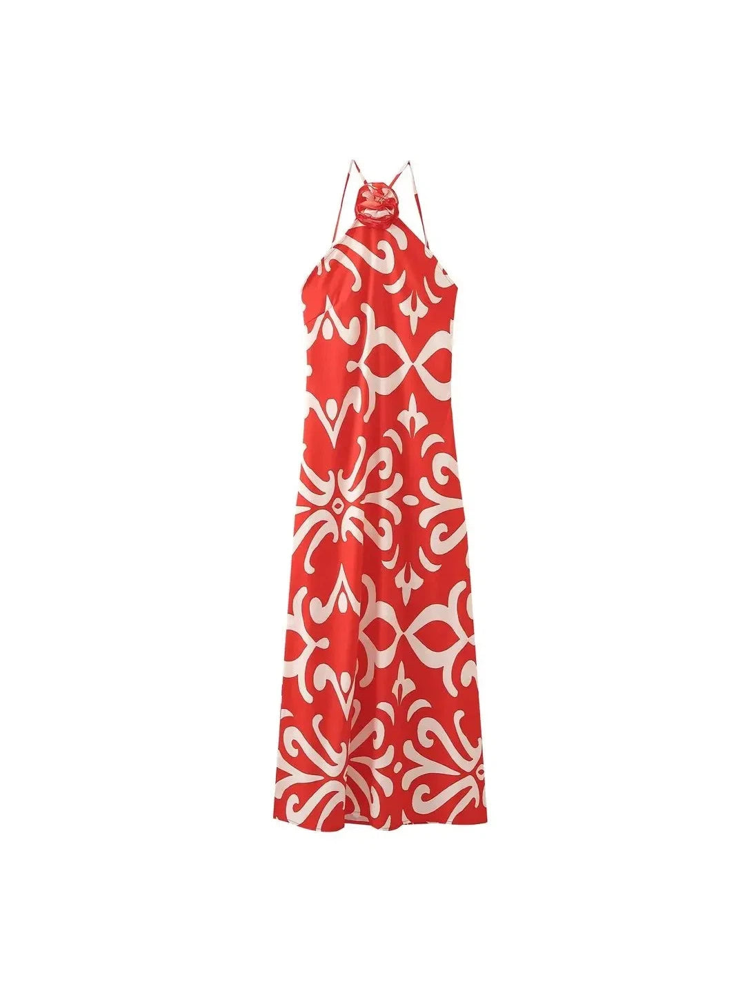 Red halter-neck backless maxi dress with white abstract floral pattern and slim straps