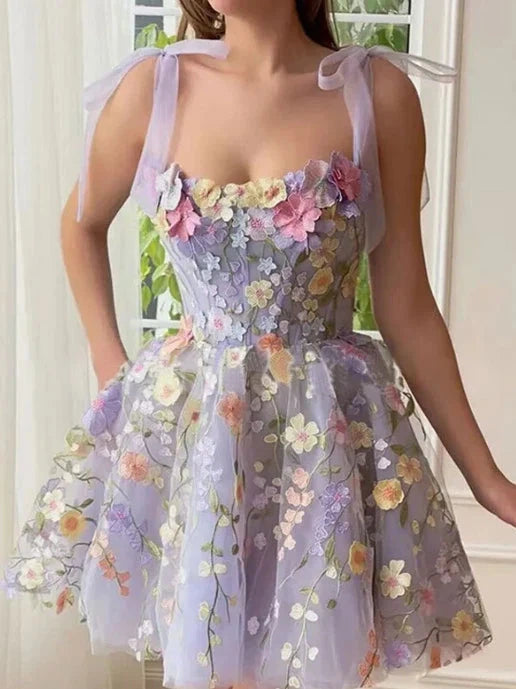 Tied Strap Flower Applique Fit Flare Short Dress