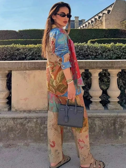 Abstract Print Shirt & Wide Leg Pants Coord Set