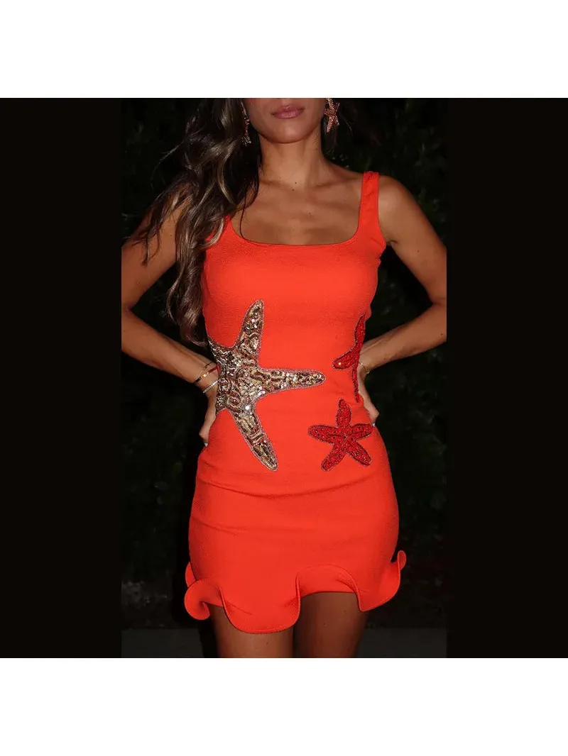 Starfish Short Ruffle Shimmery Dress by Exclusives, bright orange with sequined starfish accents