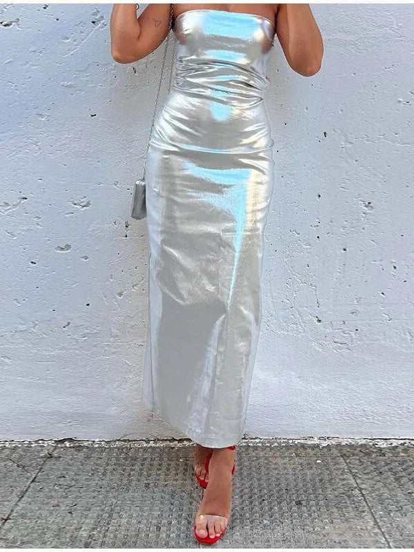 Silver Metallic Strapless Tube Dress