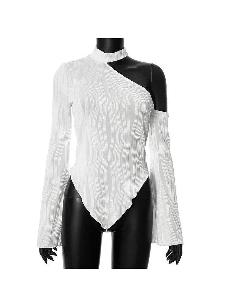 One Shoulder White Pleated Top
