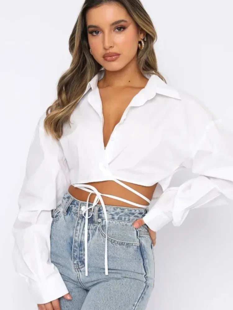 Alila White Lace up Crop Full Sleeves Top