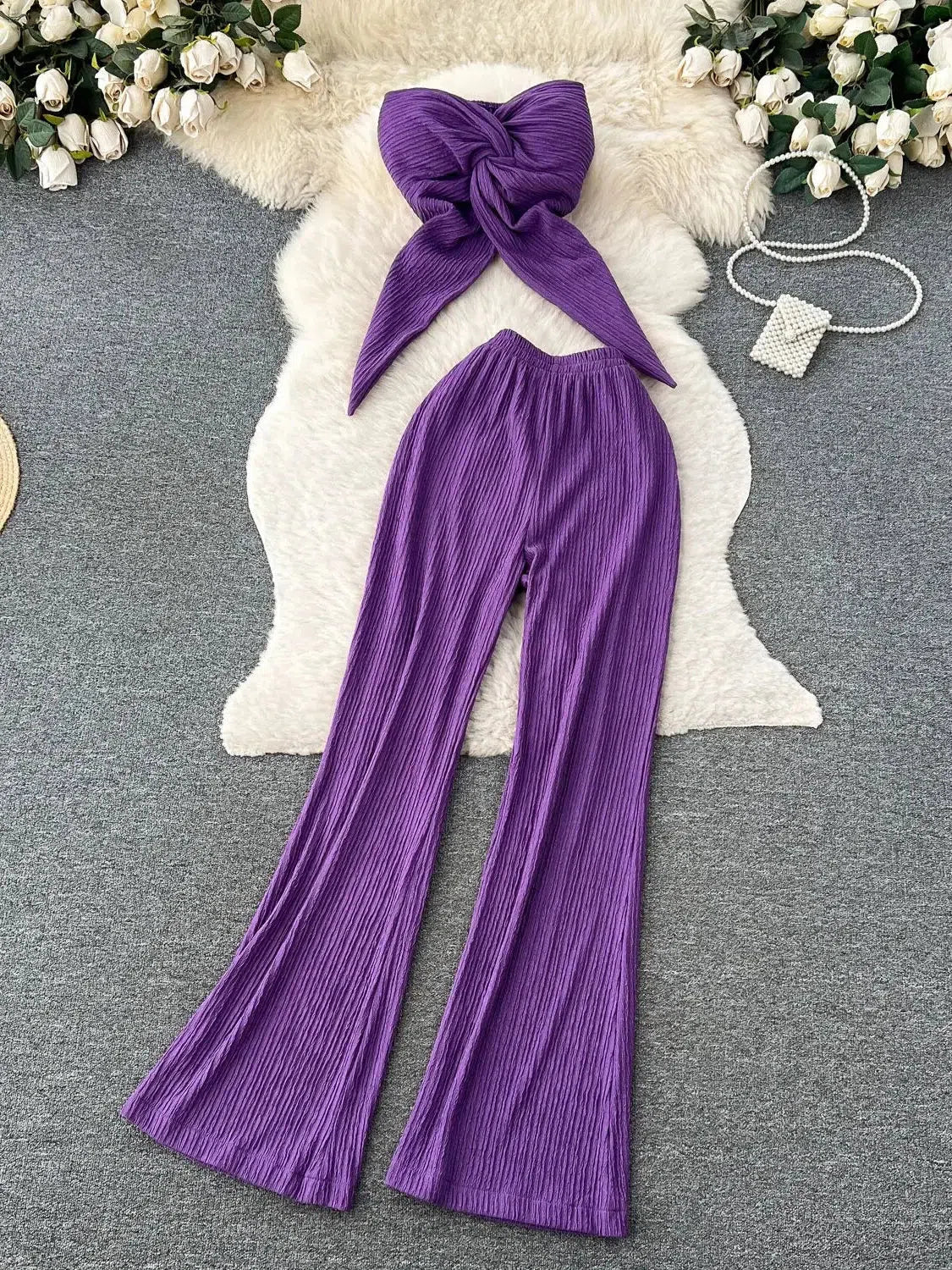 Bandeau Crop Tube Top & Wide Leg Pants Coord Set