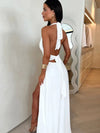 Deep Halterneck Strap Backless High Slit Dress