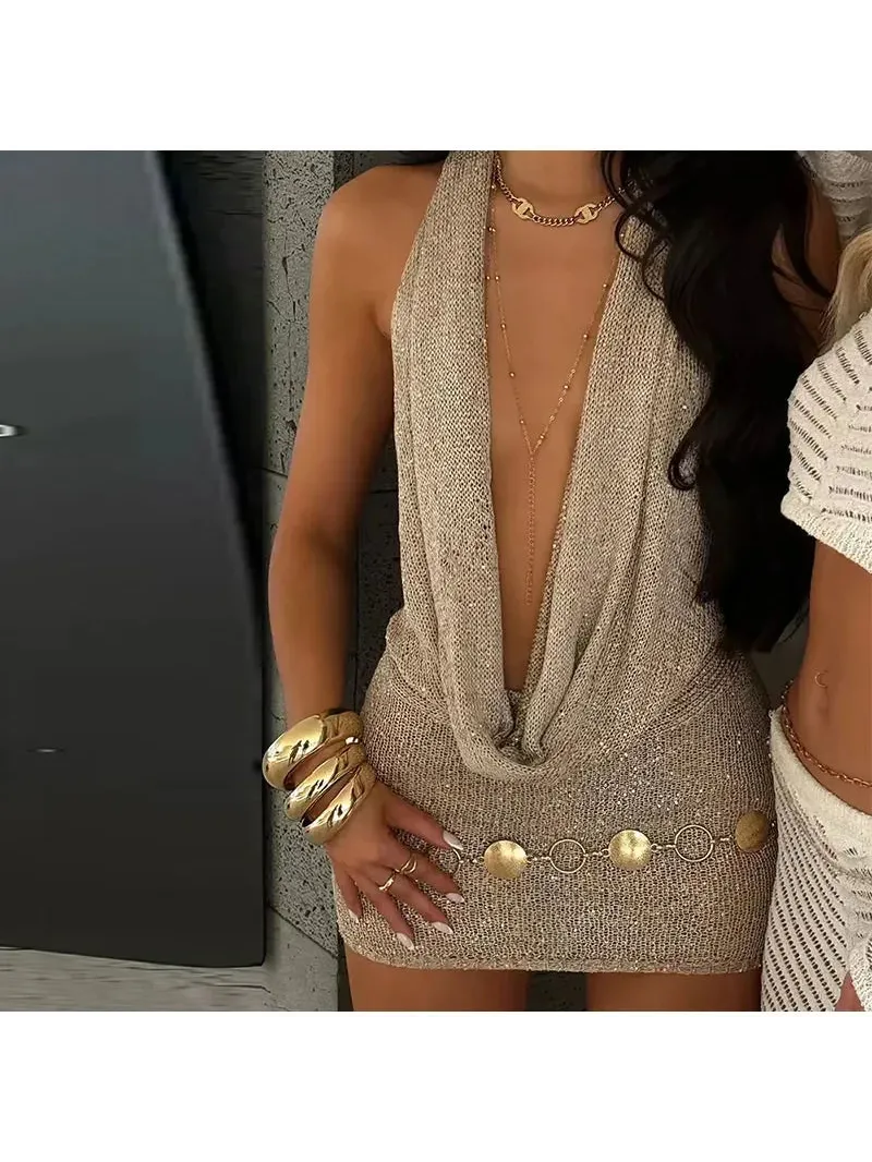 Shimmer Glam Mesh Plunge Halter Dress in champagne gold metallic mesh with a deep plunge neckline