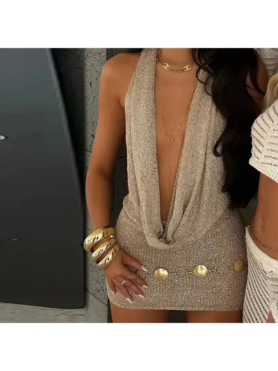 Shimmer Glam Mesh Plunge Halter Dress in champagne gold metallic mesh with a deep plunge neckline