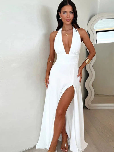 Deep Halterneck Strap Backless High Slit Dress