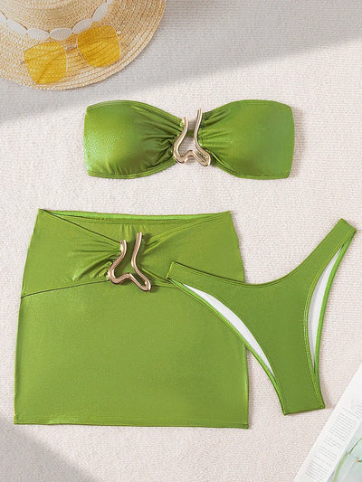 Green Metallic Tube 3 Piece SwimSuit Bikini Set