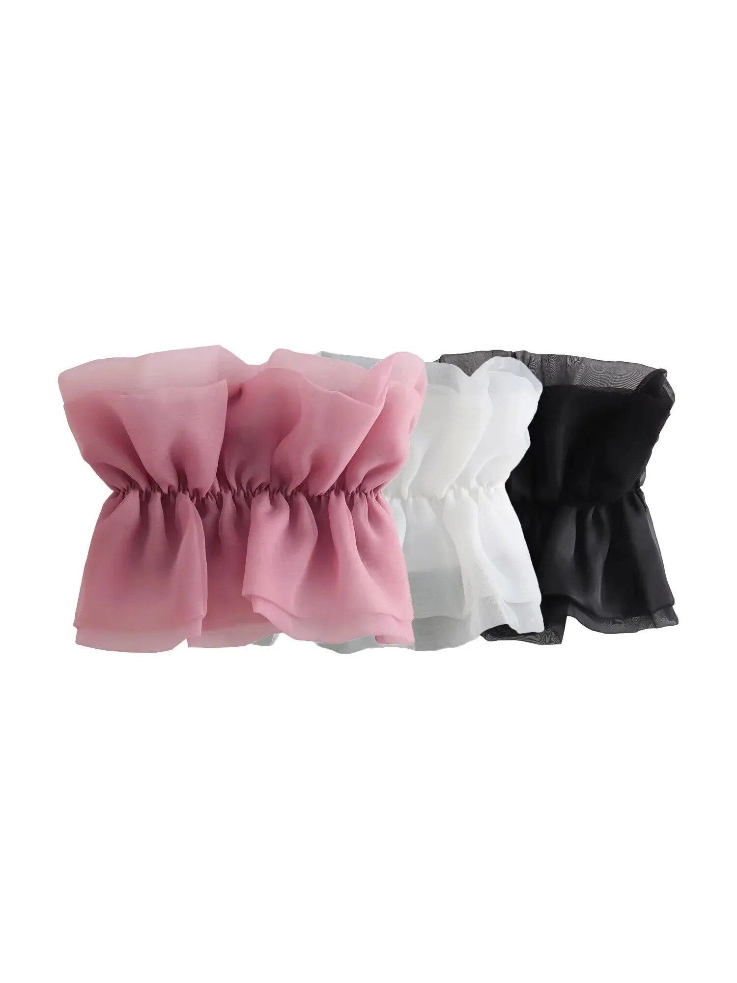 Five sheer organza bandeau tops in pink, light pink, white, gray, and black lined up, with elastic ruching and ruffles.