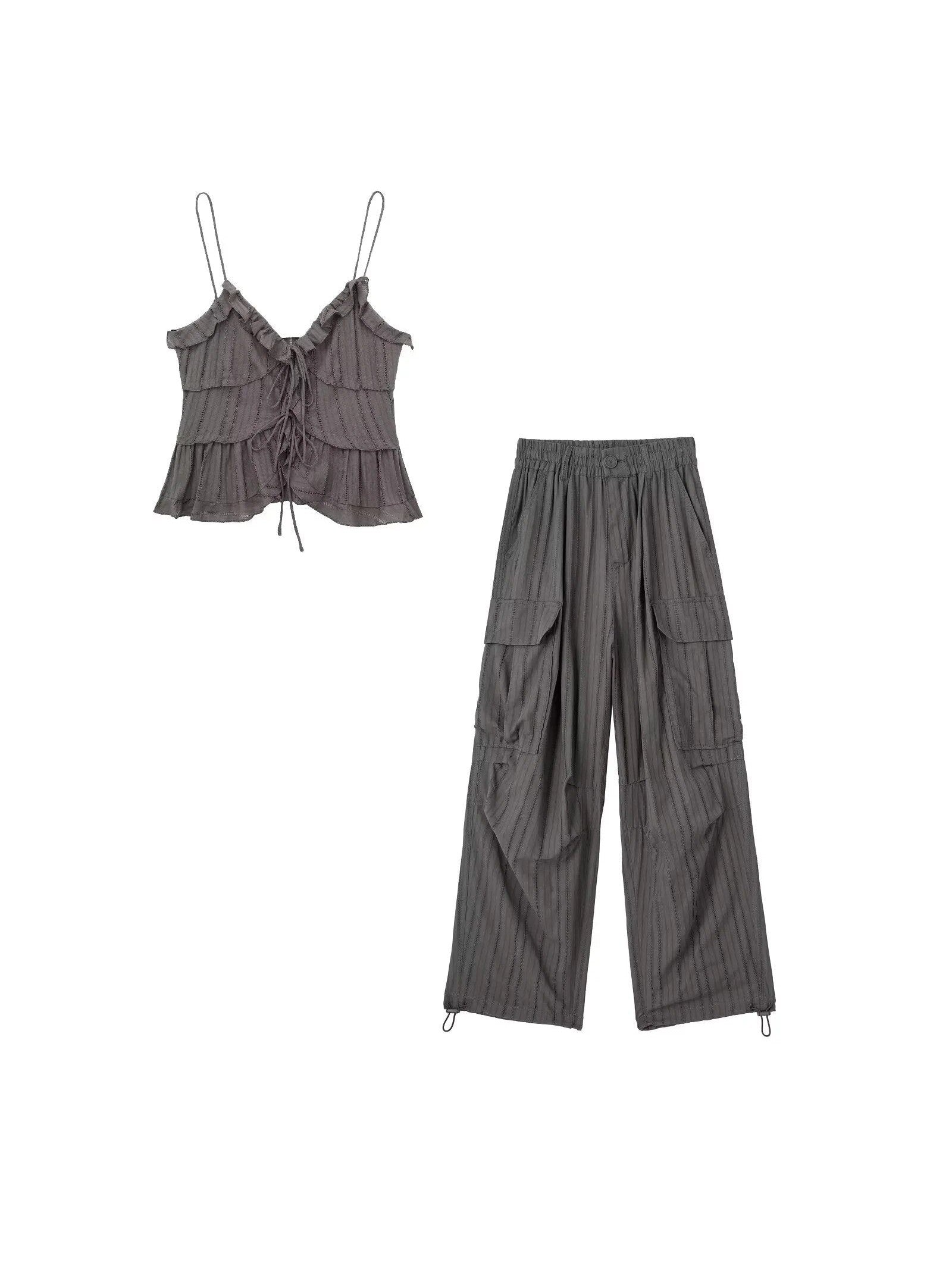 Ruffles Cami Top & Cargo Pants Coord Set Brown