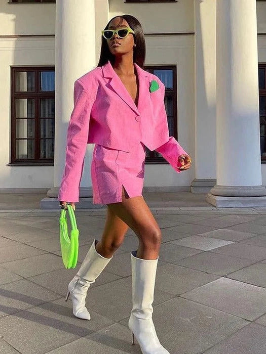 Pink Cropped Blazer & Slit Mini Skirt Set