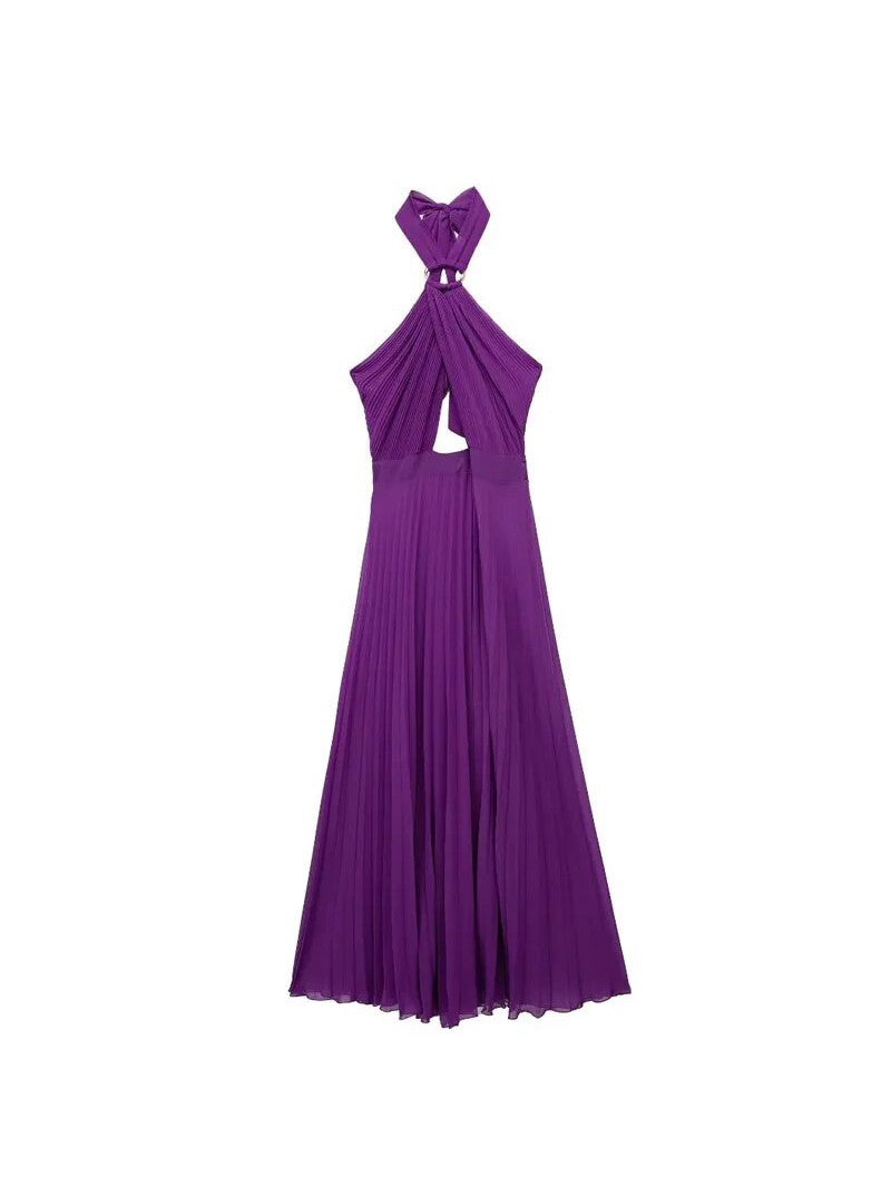 Halterneck Pleated Hollow out Purple Dress