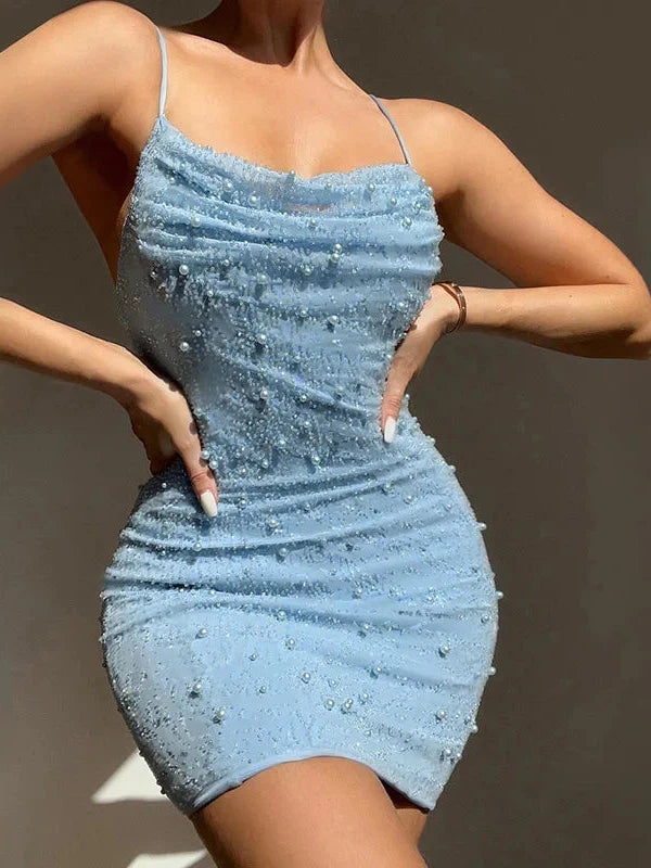 Pearl Beaded Ruched Sequin Bodycon Dress