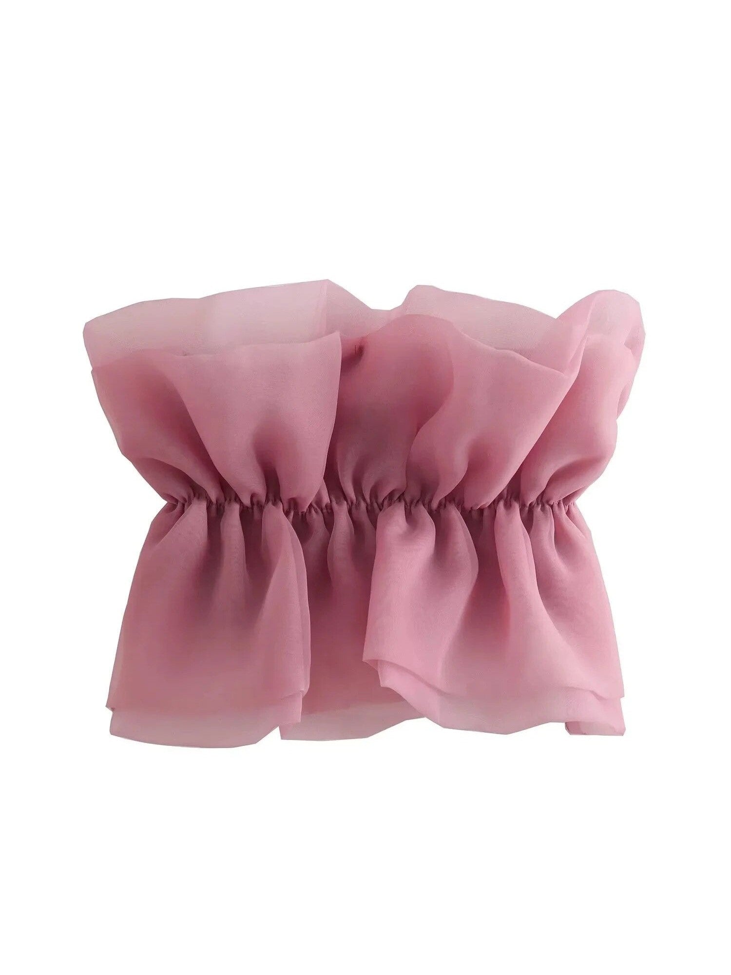 Soft pink organza bandeau top with a gathered elastic center and dramatic, layered ruffles along the edges.