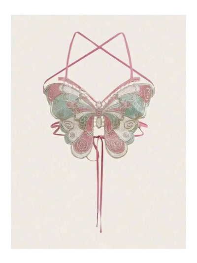 Embroidered Butterfly Backless Top