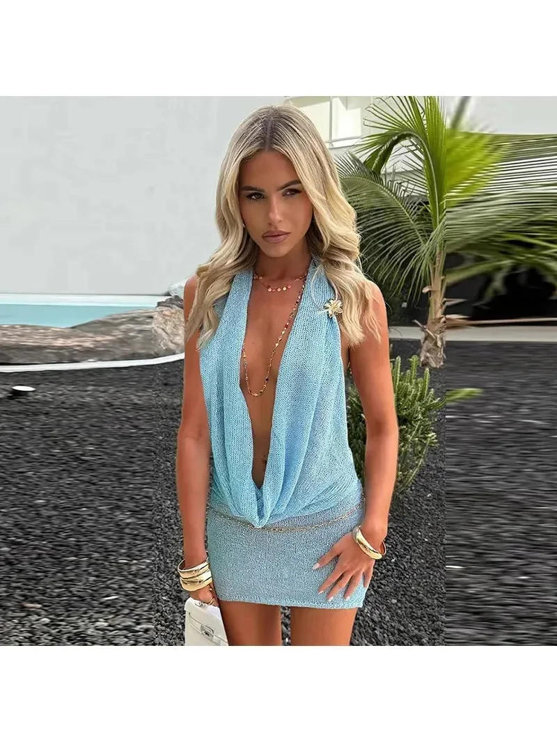 Shimmer Glam Mesh Plunge Halter Dress by Exclusives, blue shimmering mini dress on sale