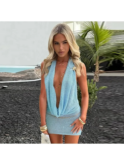 Shimmer Glam Mesh Plunge Halter Dress by Exclusives, blue shimmering mini dress on sale