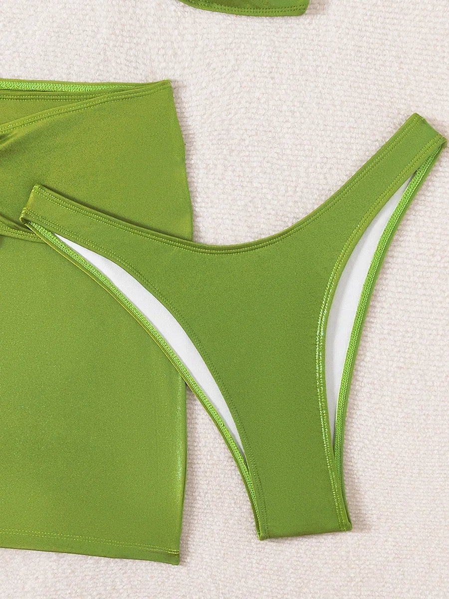 Green Metallic Tube 3 Piece SwimSuit Bikini Set