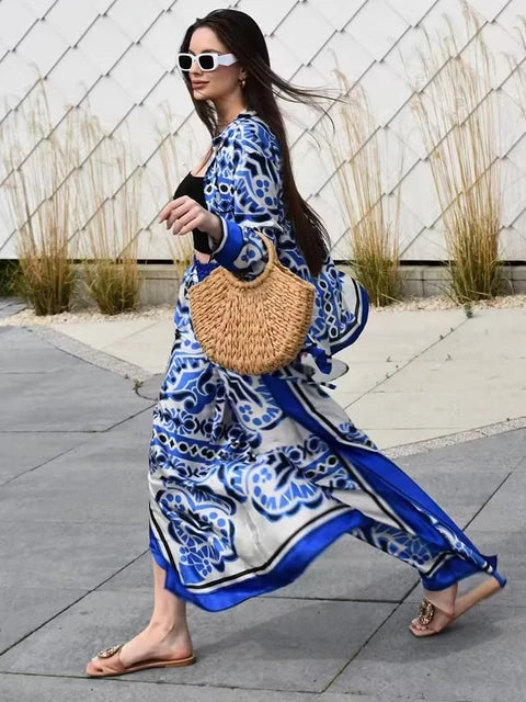 Porcelain Print Shirt & Wide Leg Pants Coord Set