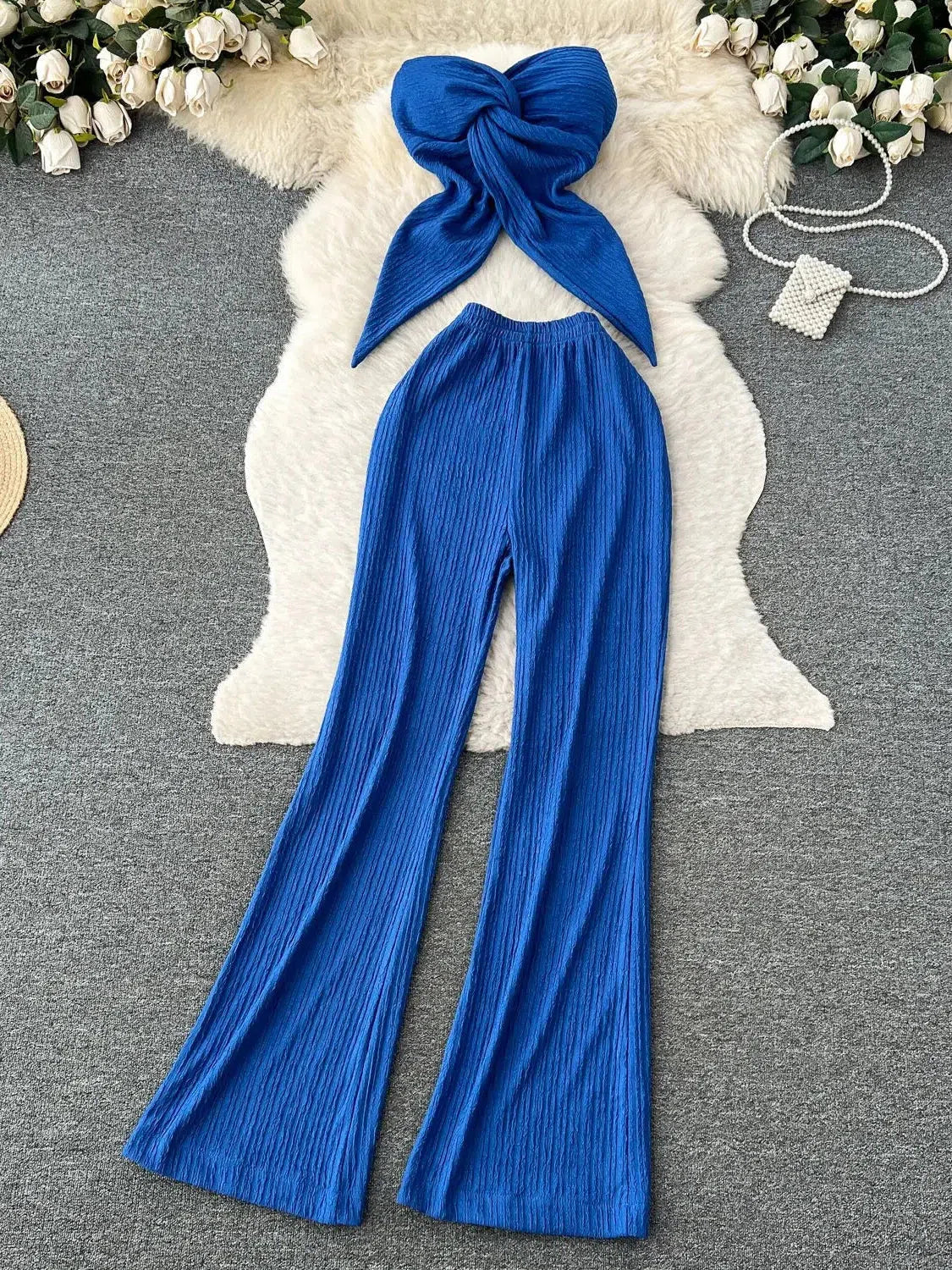 Bandeau Crop Tube Top & Wide Leg Pants Coord Set