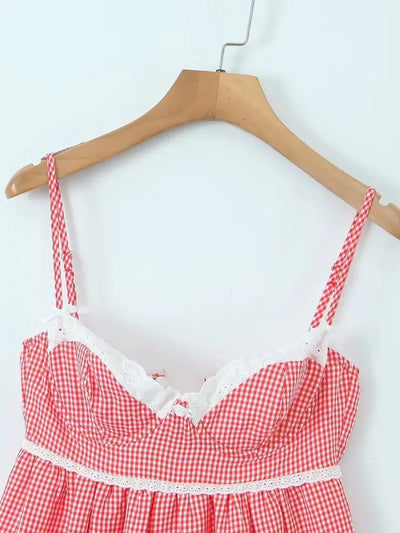 Gingham Print Short Dress With Adjustable Straps
