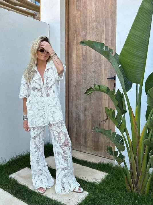 Floral Crochet Shirt & Wide Leg Pant Coord Set