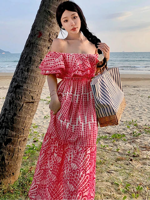 Pink Off Shoulder Embroidered Cutout Maxi Dress