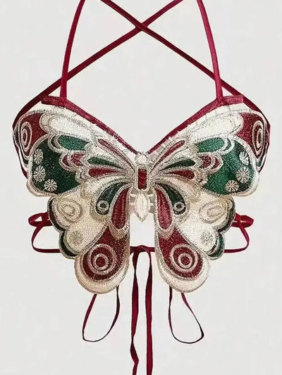 Embroidered Butterfly Backless Top
