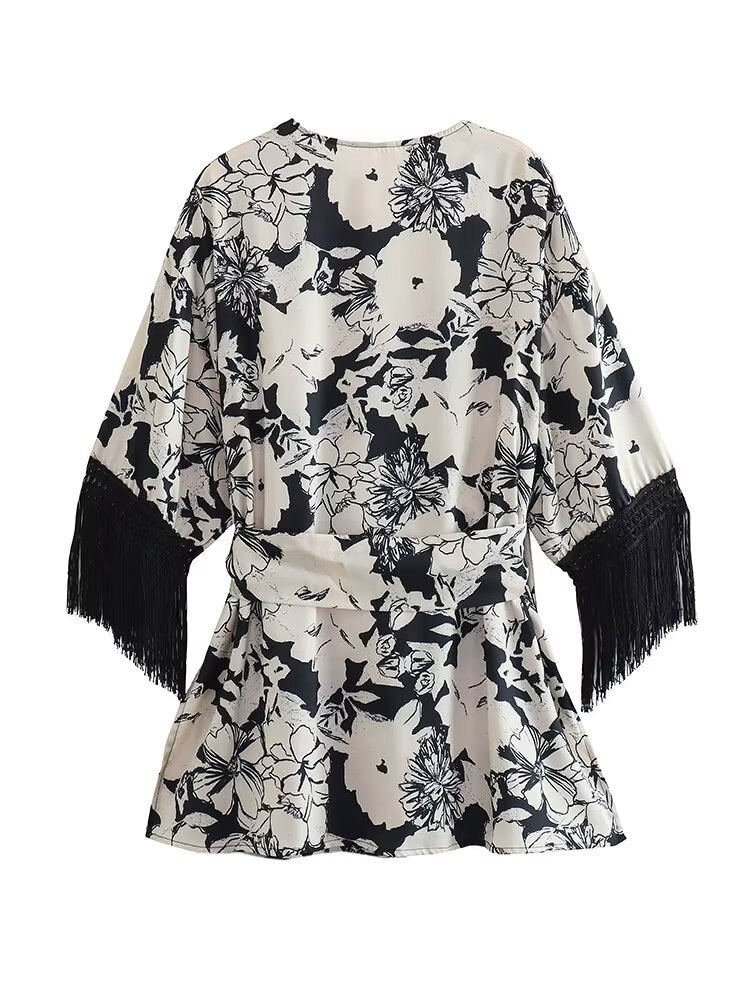 Tassel Sleeves Kimono Knotted Top & Wide Leg Pants Coord Set