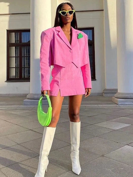 Pink Cropped Blazer & Slit Mini Skirt Set