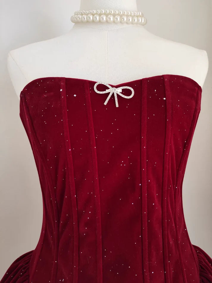Shimmery Velvet Tube Dress with Diamond Bow ye