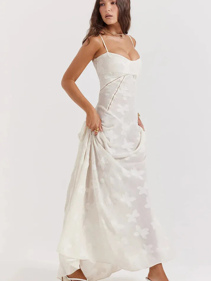 Jacquard Print Hollow Out Lace up Back Maxi Dress