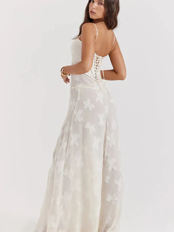 Jacquard Print Hollow Out Lace up Back Maxi Dress