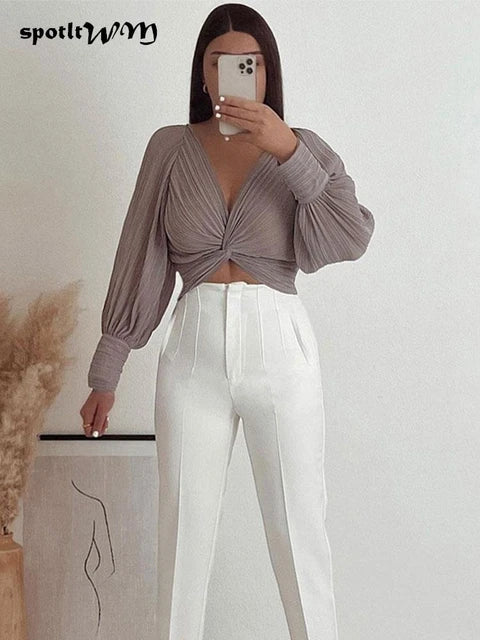 Lantern Sleeves Grey V Neck Pleated Top