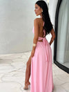 Deep Halterneck Strap Backless High Slit Dress