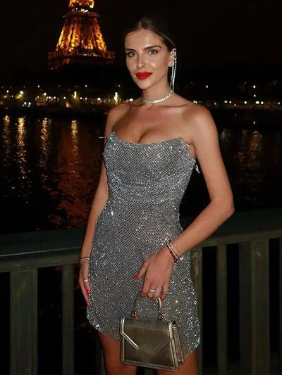 Silver Rhinestone Tube Short Dress