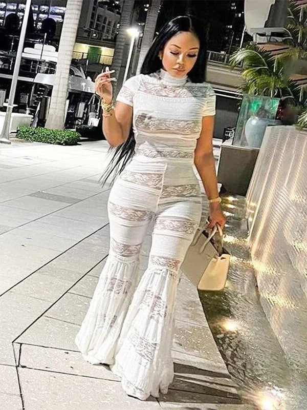 Joskaa White Lace Top & High Waist Flared Pants Coord Set