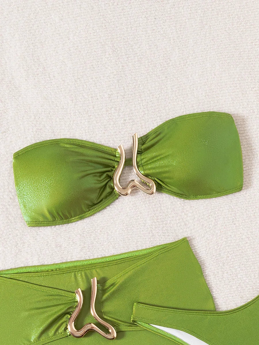 Green Metallic Tube 3 Piece SwimSuit Bikini Set