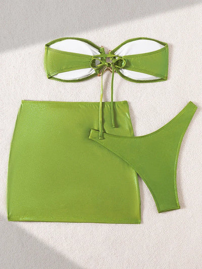 Green Metallic Tube 3 Piece SwimSuit Bikini Set