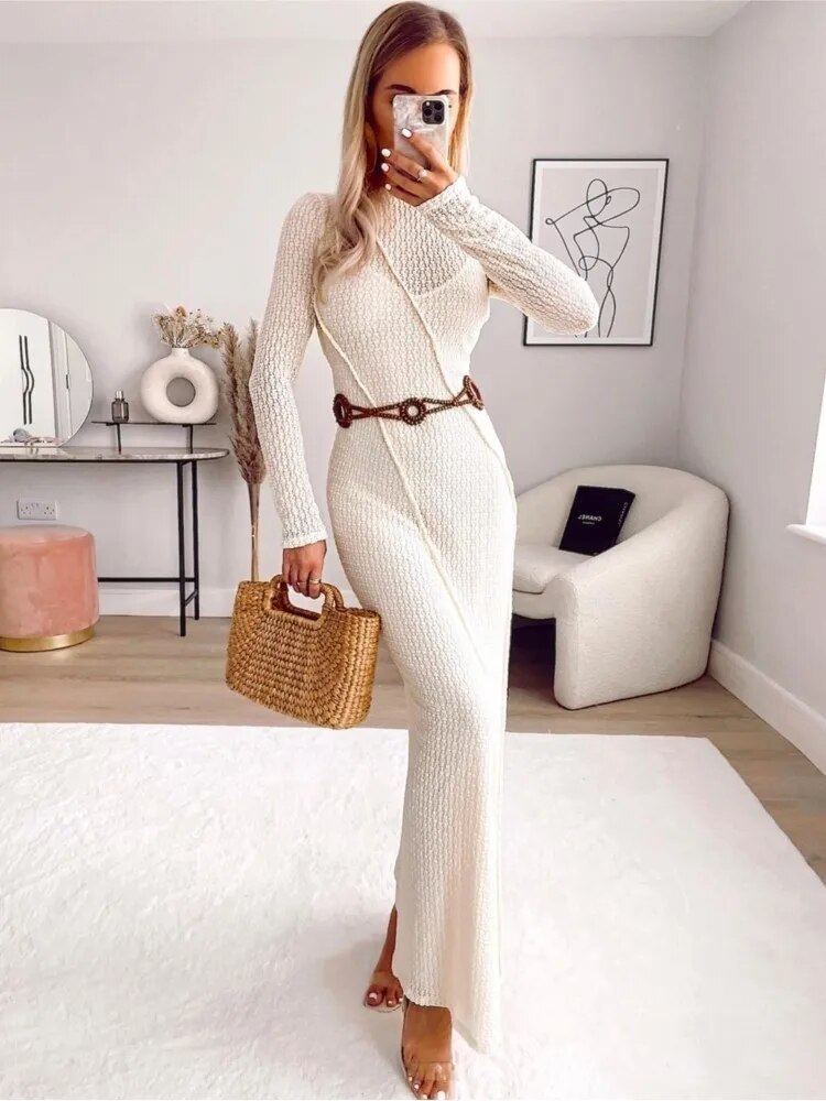 Off White Knitted Backless Maxi Dress