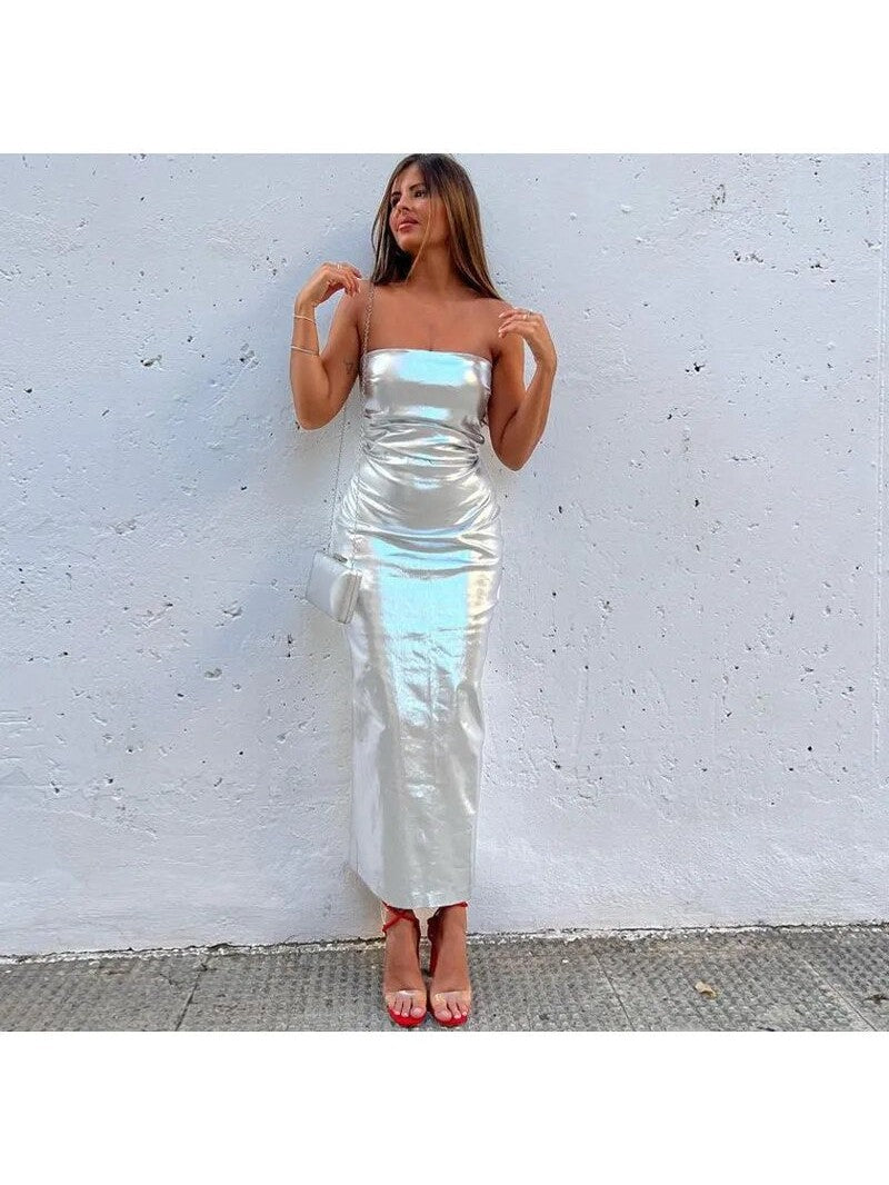 Silver Metallic Strapless Tube Dress