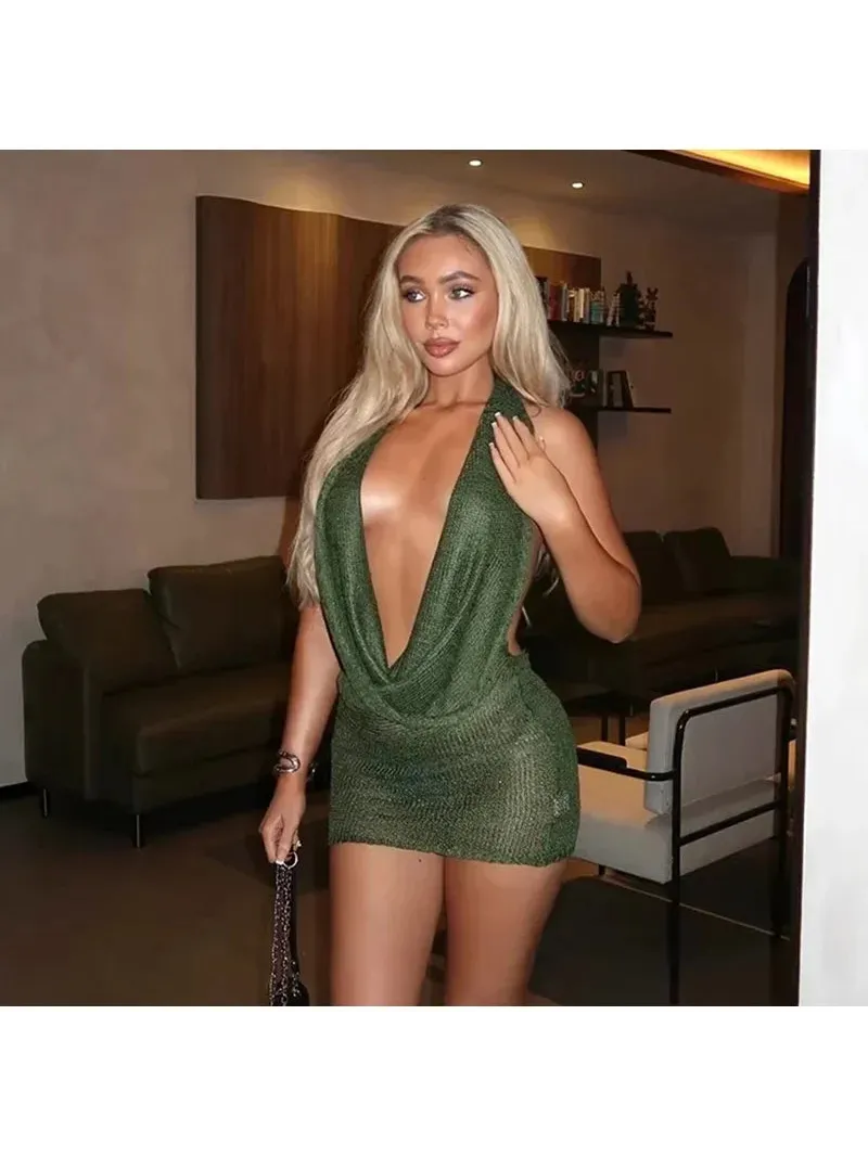 Shimmer Glam Mesh Plunge Halter Dress in green metallic by Exclusives, dresses on sale