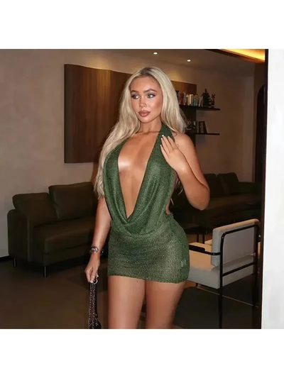 Shimmer Glam Mesh Plunge Halter Dress in green metallic by Exclusives, dresses on sale