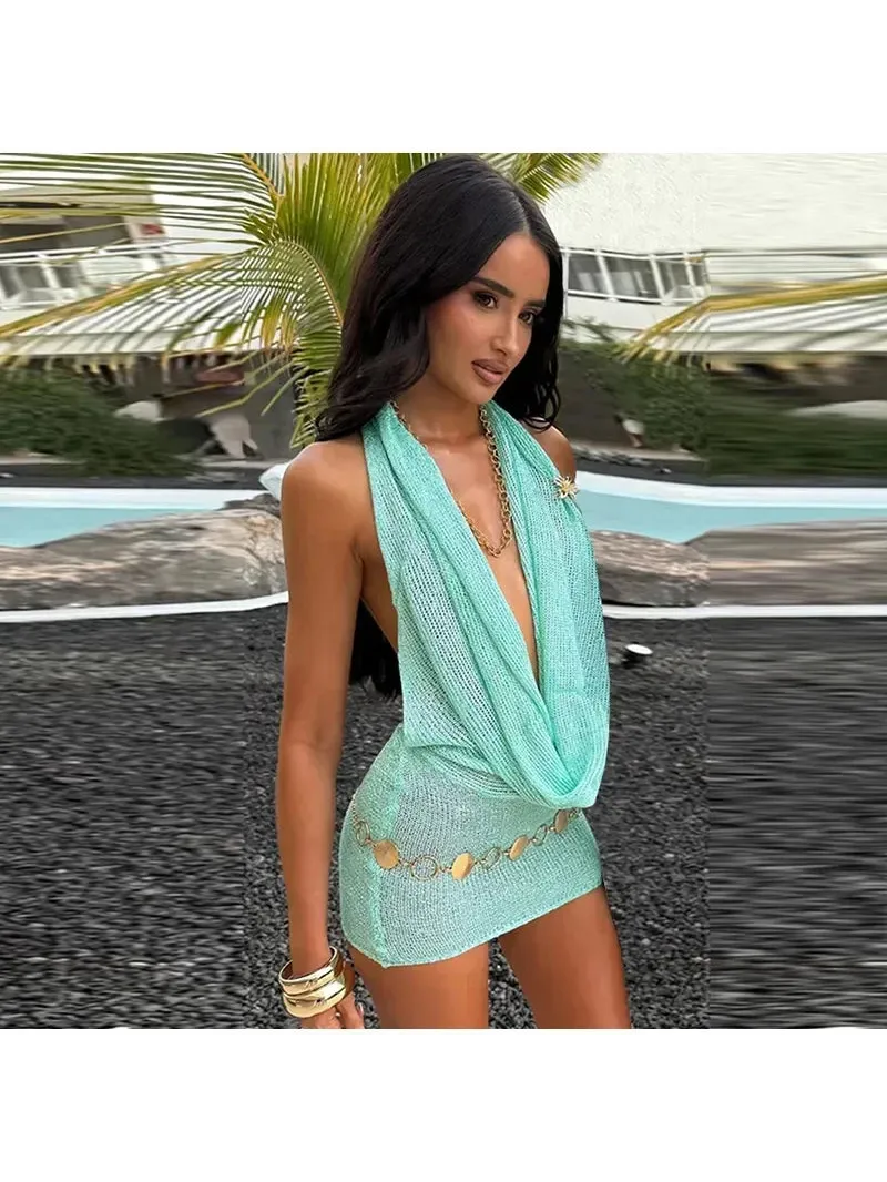 Shimmer Glam Mesh Plunge Halter Dress by Exclusives, seafoam teal mesh mini with a gold chain belt