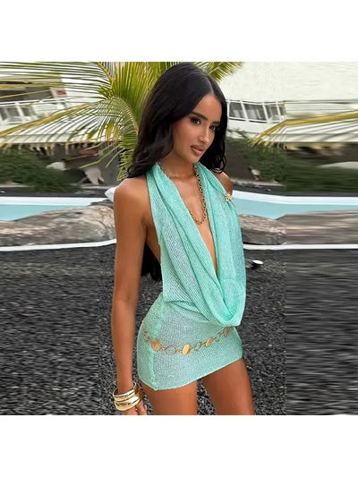 Shimmer Glam Mesh Plunge Halter Dress by Exclusives, seafoam teal mesh mini with a gold chain belt