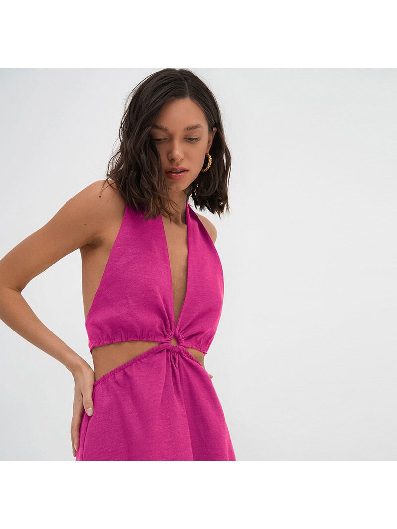 Pink Halterneck Cutout Backless Linen Dress