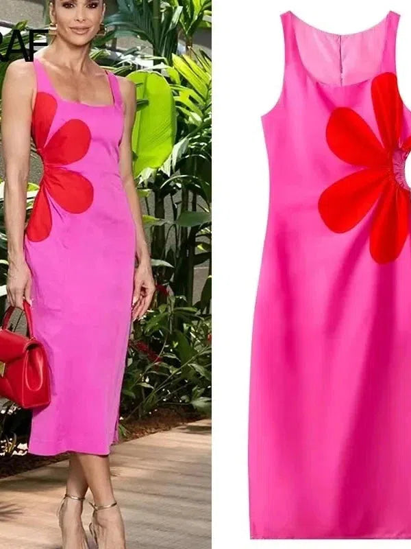 Flower Print Cutout Midi Dress