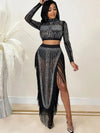 Rhinestone Crop Top & Slit Tassel Skirt Coord Set