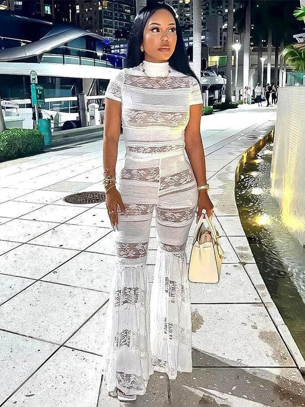 Joskaa White Lace Top & High Waist Flared Pants Coord Set